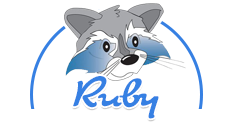 Roynon Racoon mascot head with blue half circle with the word Ruby in blue at the bottom 